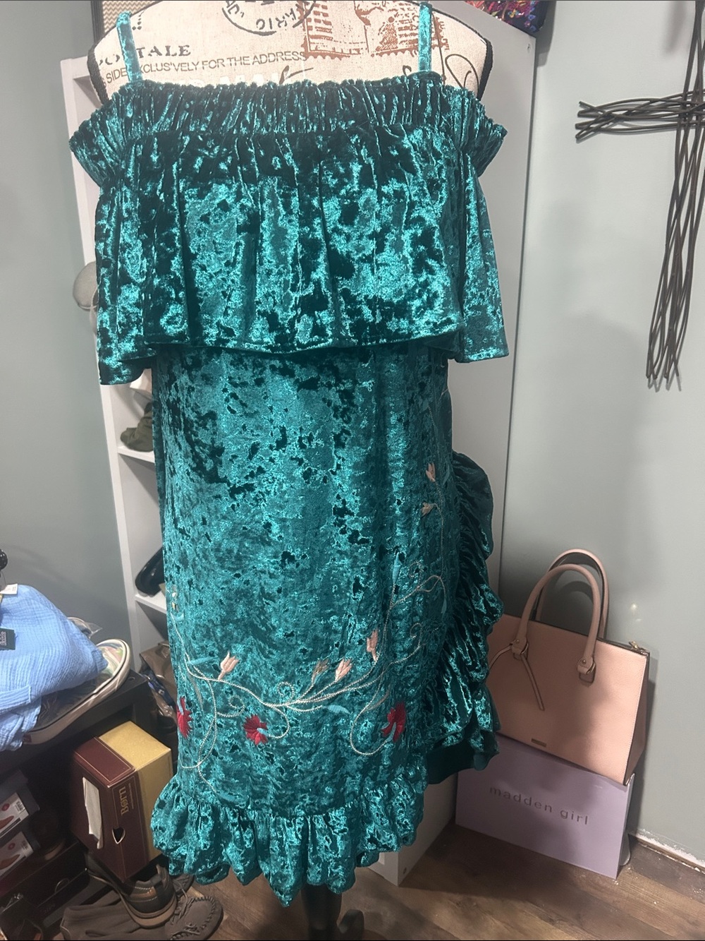 Umgee Teal Crushed Velvet Ruffle Midi Slip Dress whimsical goth PTP 20”-22”